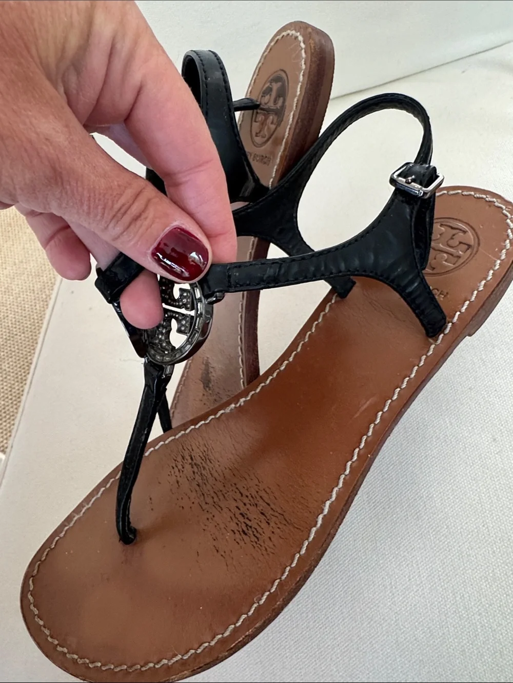 Tory Burch Violet Thong Sandals black leather rhinestone logo medallion detail 8